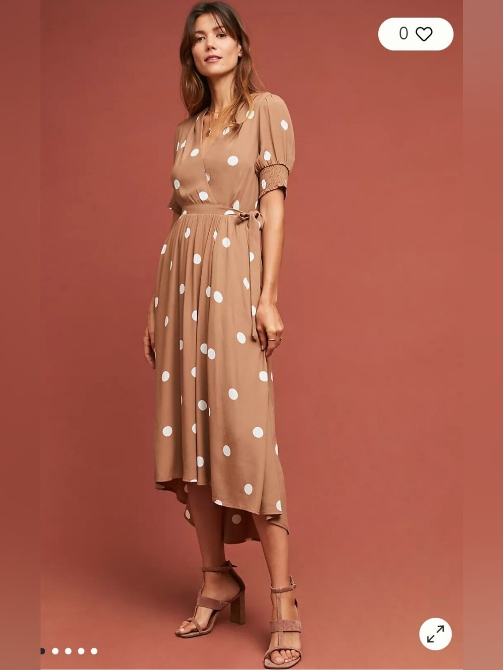 Maeve Anthropologie Polka Dot Midi Wrap Dress in Tan & White Size 14